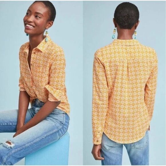 Anthropologie Maeve Petrin Button Down Shirt Geometric Floral Orange Size 0 - Picture 1 of 11